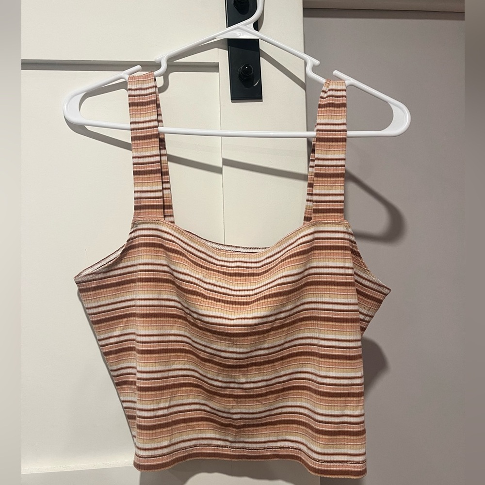 American Eagle Outfitters White and Orange Fitted Crop Tank Top